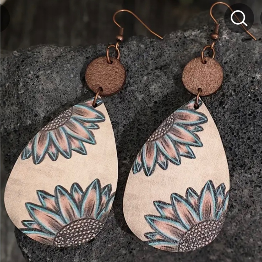 Boho wooden sunflower neutral dangle earrings lightweight